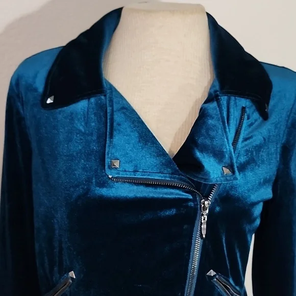 Badgley Mischka Jacket Velvet Chic Moto Turquoise Size S - Picture 8 of 16
